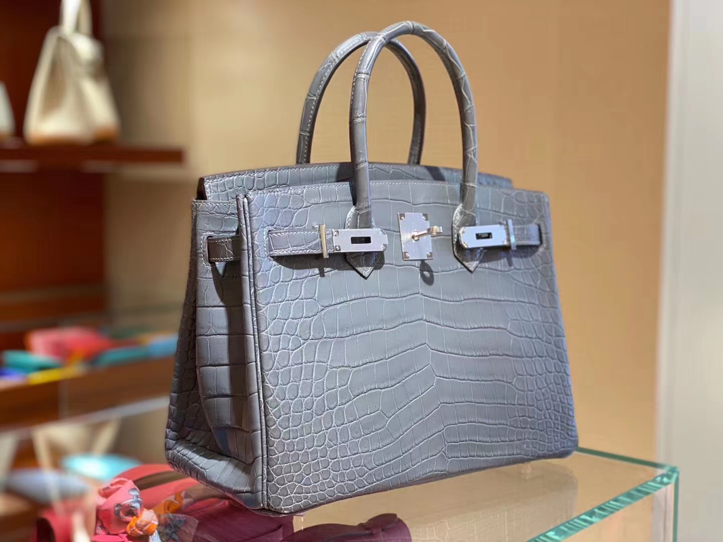 HERMES 爱马仕 铂金包 Birkin 爱马仕官网现货 Bk 25海鸥灰光鳄鱼皮 海鸥灰