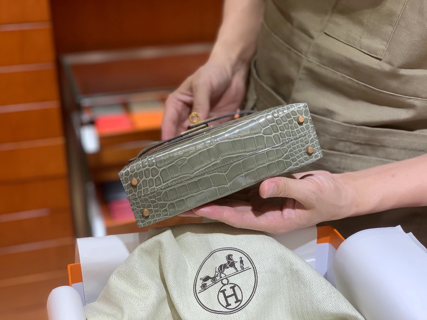 HERMES Kelly 二代鳄鱼 斑鸠灰 金扣银扣 可定制 纯手工