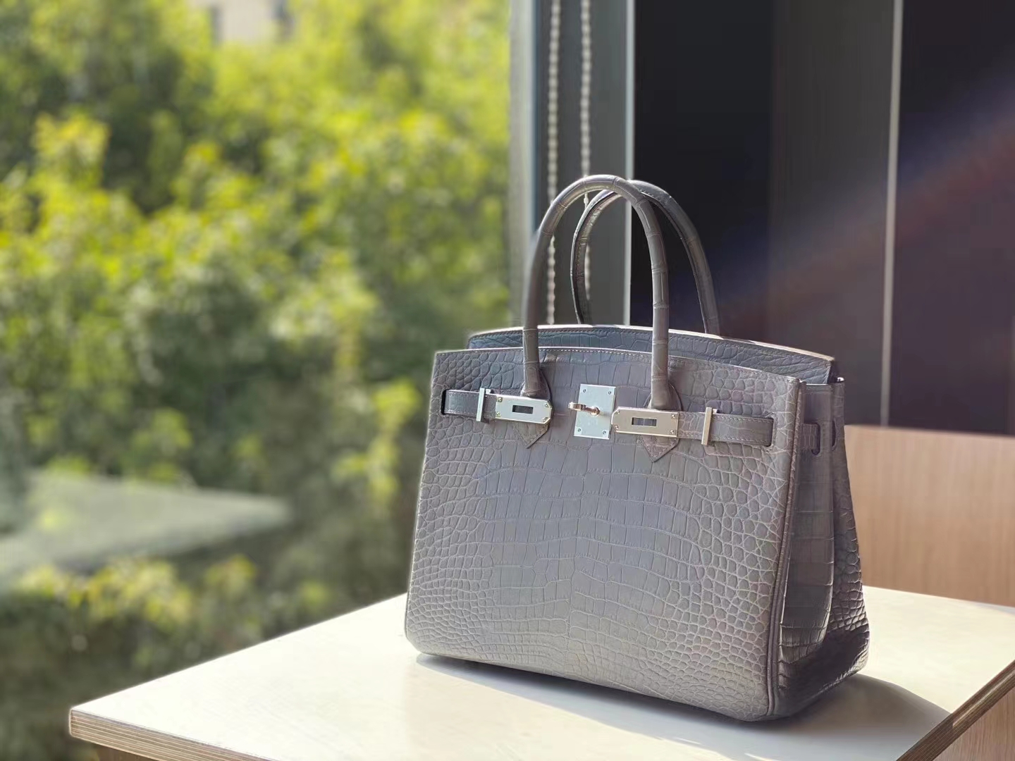 HERMES 爱马仕 铂金包 Birkin 爱马仕官网现货 Bk 25海鸥灰光鳄鱼皮 海鸥灰