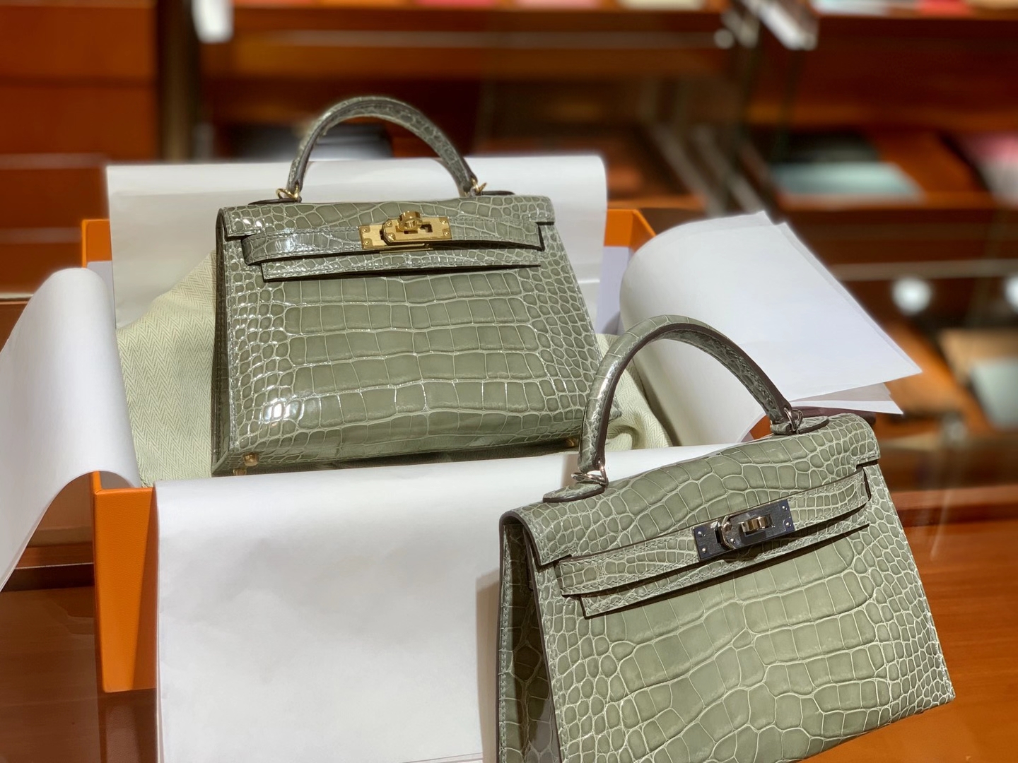 HERMES Kelly 二代鳄鱼 斑鸠灰 金扣银扣 可定制 纯手工