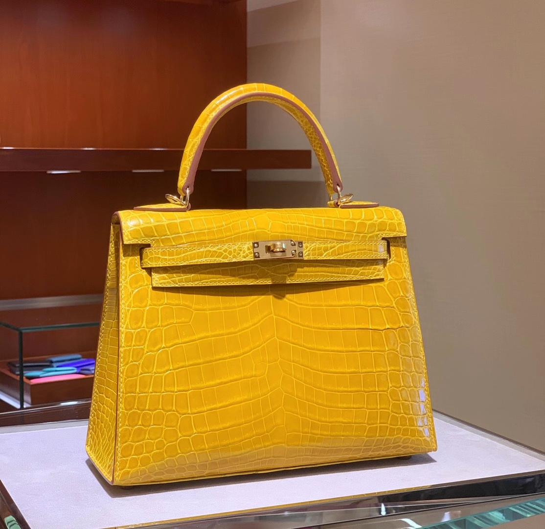 HERMES爱马仕 琥珀黄 KELLY凯丽25 金扣银扣 现货 可接受订货 原厂进口鳄鱼皮