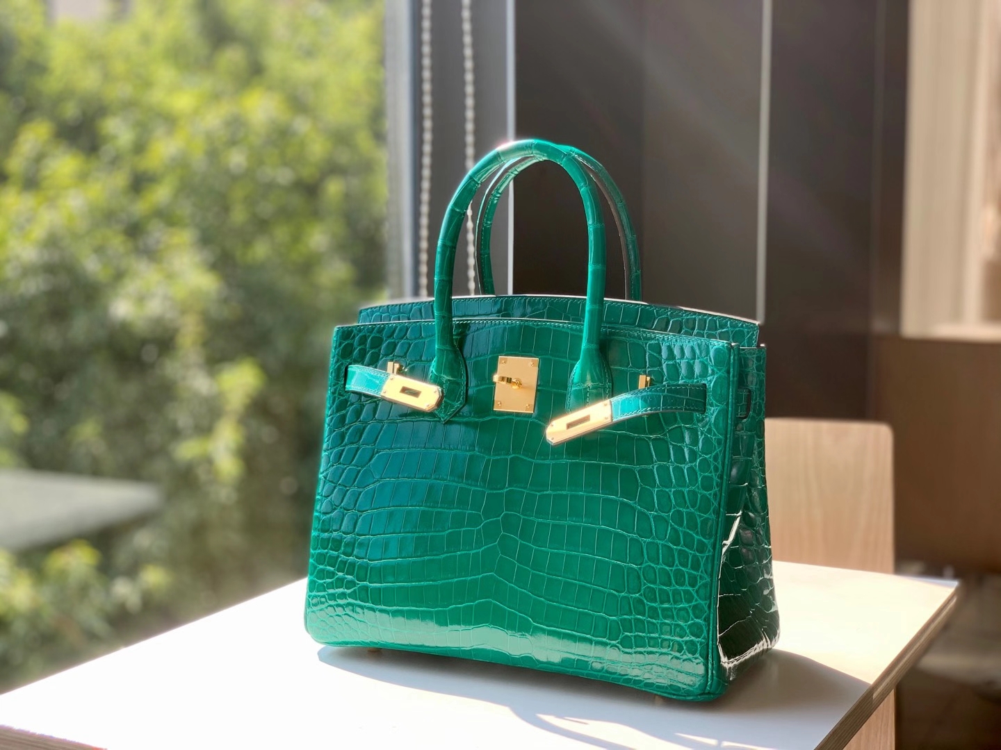 HERMES 爱马仕 铂金包 Birkin  爱马仕官网现货 Bk 25高光鳄鱼皮 丝绒绿