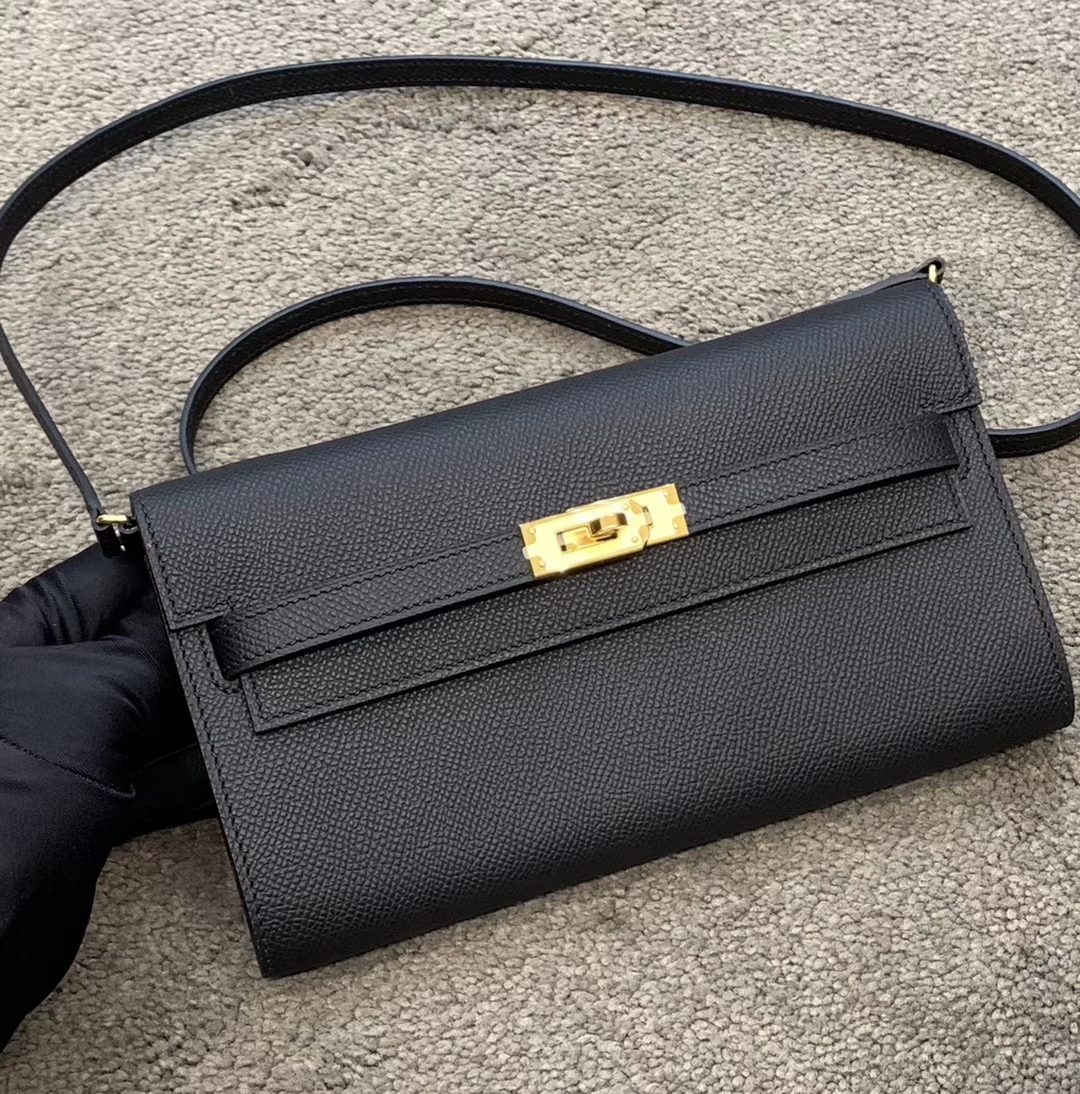 HERMES Kelly Classique To Go 长肩带钱包 Epsom皮 黑金 现货