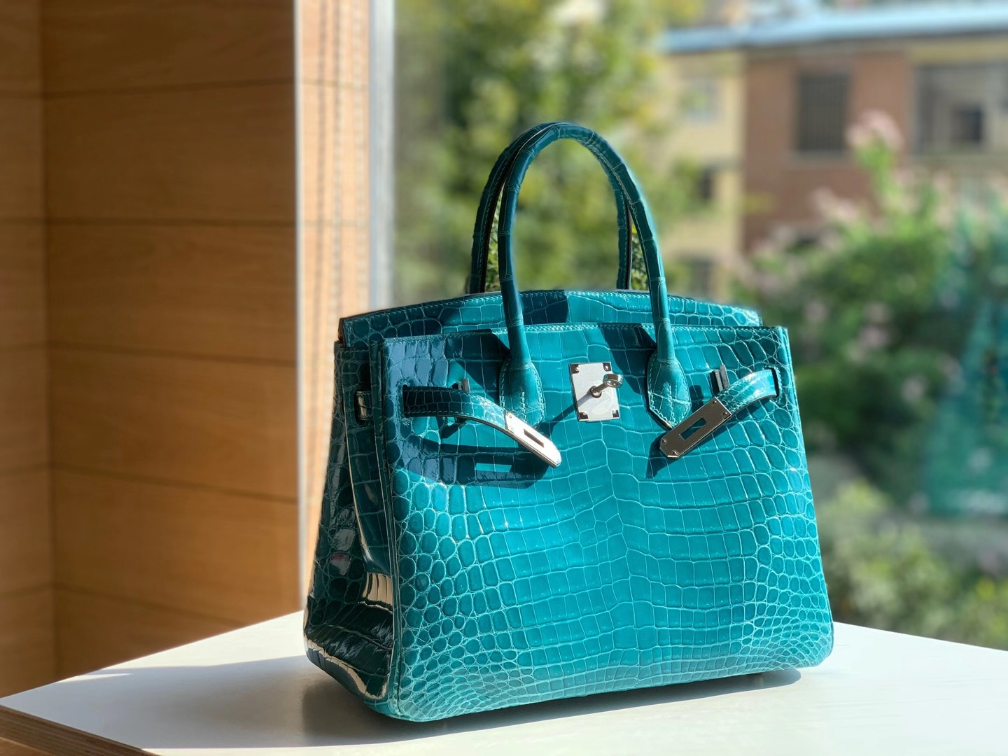 HERMES 爱马仕 铂金包 Birkin  爱马仕官网现货 Bk 25高光鳄鱼皮 新水绿