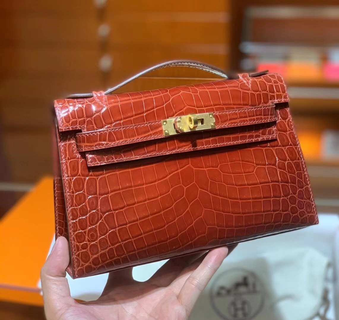 HERMES Kelly Pochette 一代鳄鱼 金扣 银扣 可接受定制 中国红