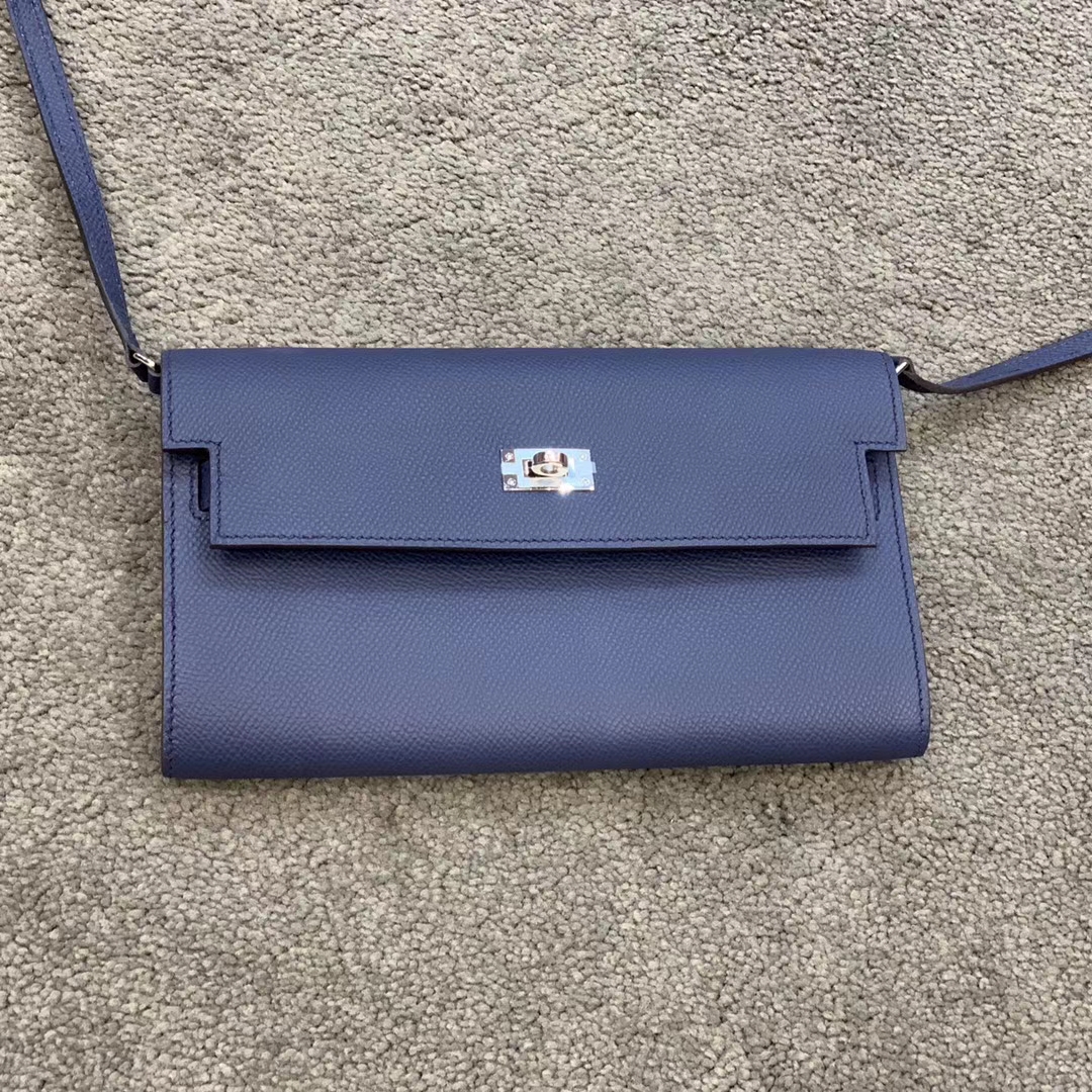 HERMES Kelly Classique To Go 长肩带钱包 Epsom皮 风暴蓝 现货