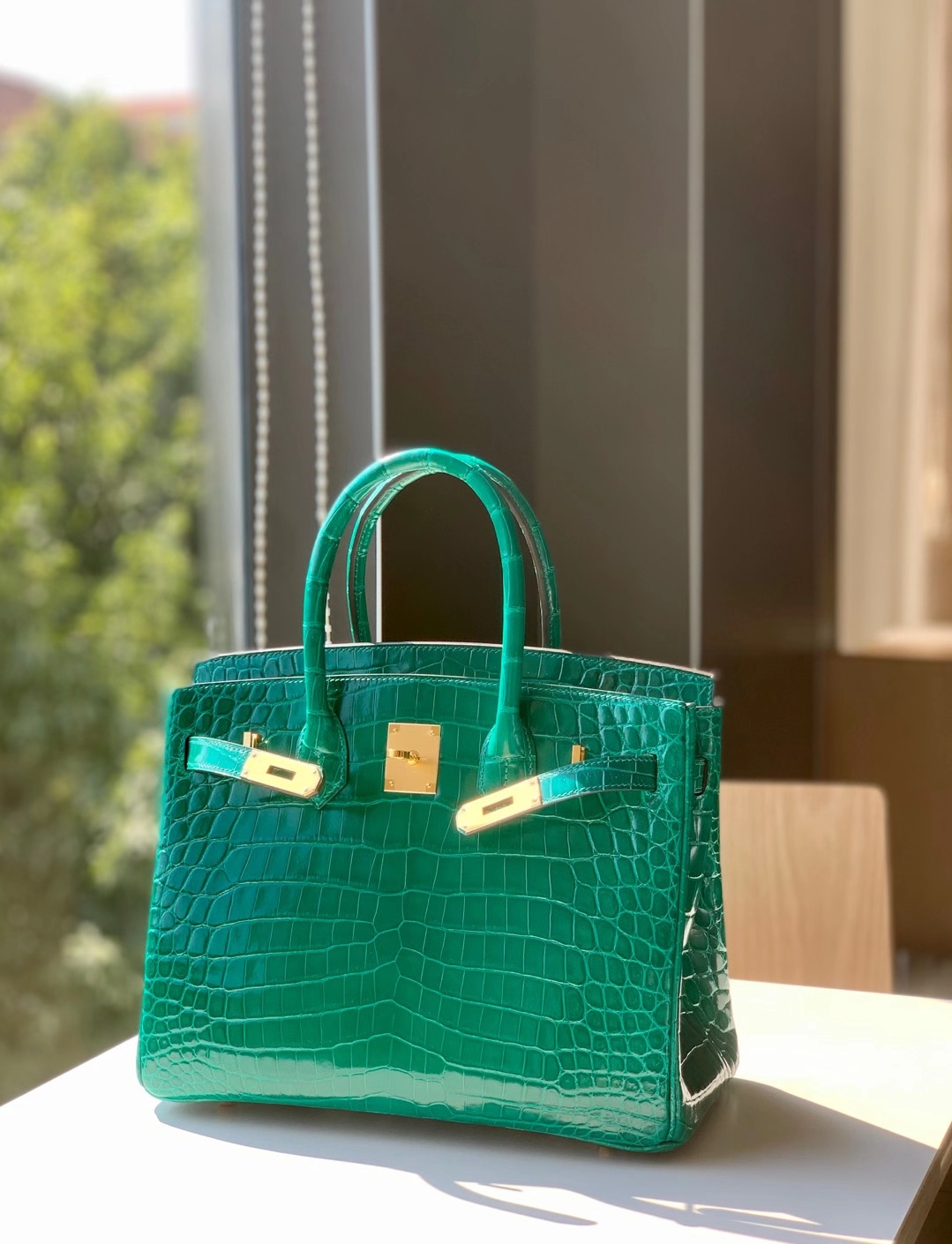 HERMES 爱马仕 铂金包 Birkin  爱马仕官网现货 Bk 25高光鳄鱼皮 丝绒绿