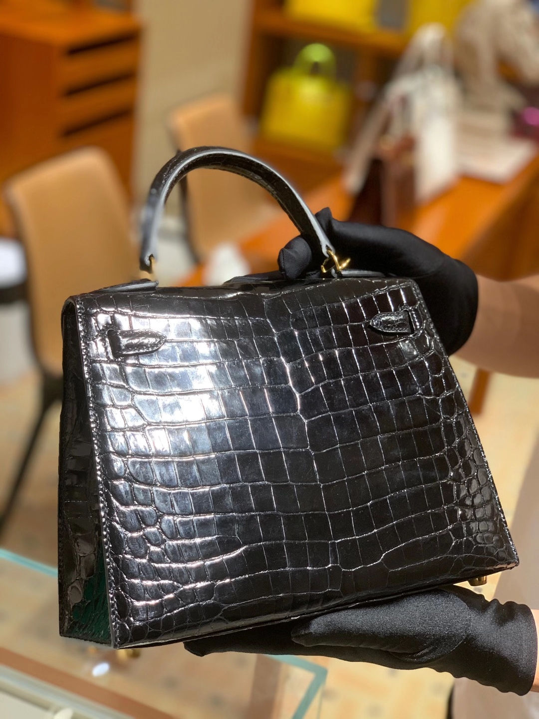 HERMES爱马仕 黑色 凯莉 Kelly 28 金扣银扣 现货 可接受订货 原厂进口鳄鱼皮