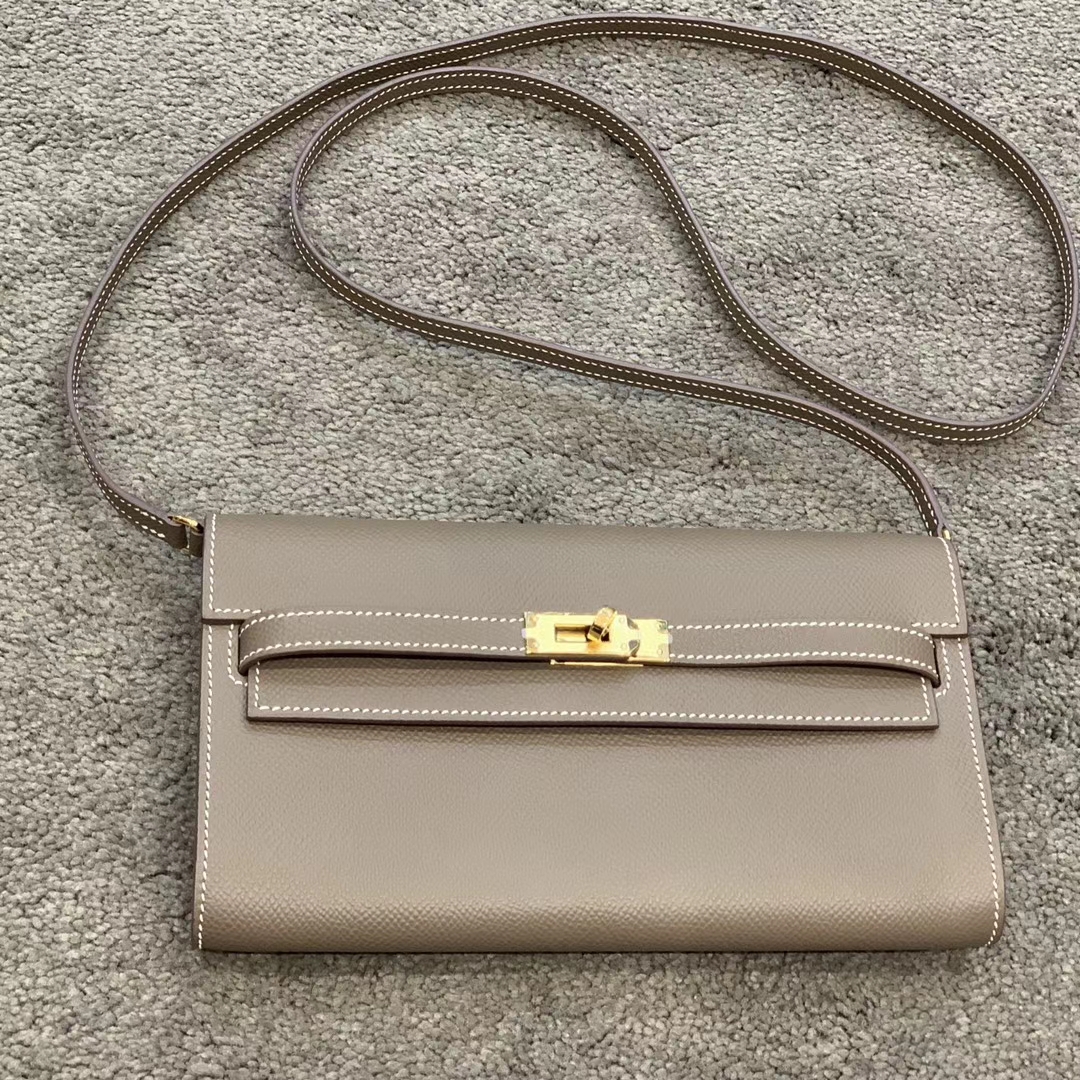HERMES Kelly Classique To Go 长肩带钱包 Epsom皮 大象灰 现货