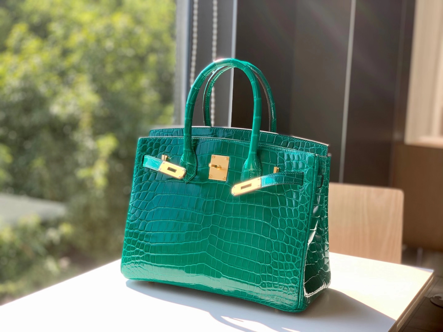 HERMES 爱马仕 铂金包 Birkin  爱马仕官网现货 Bk 25高光鳄鱼皮 丝绒绿