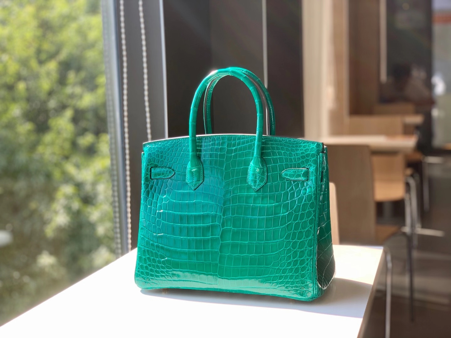 HERMES 爱马仕 铂金包 Birkin  爱马仕官网现货 Bk 25高光鳄鱼皮 丝绒绿