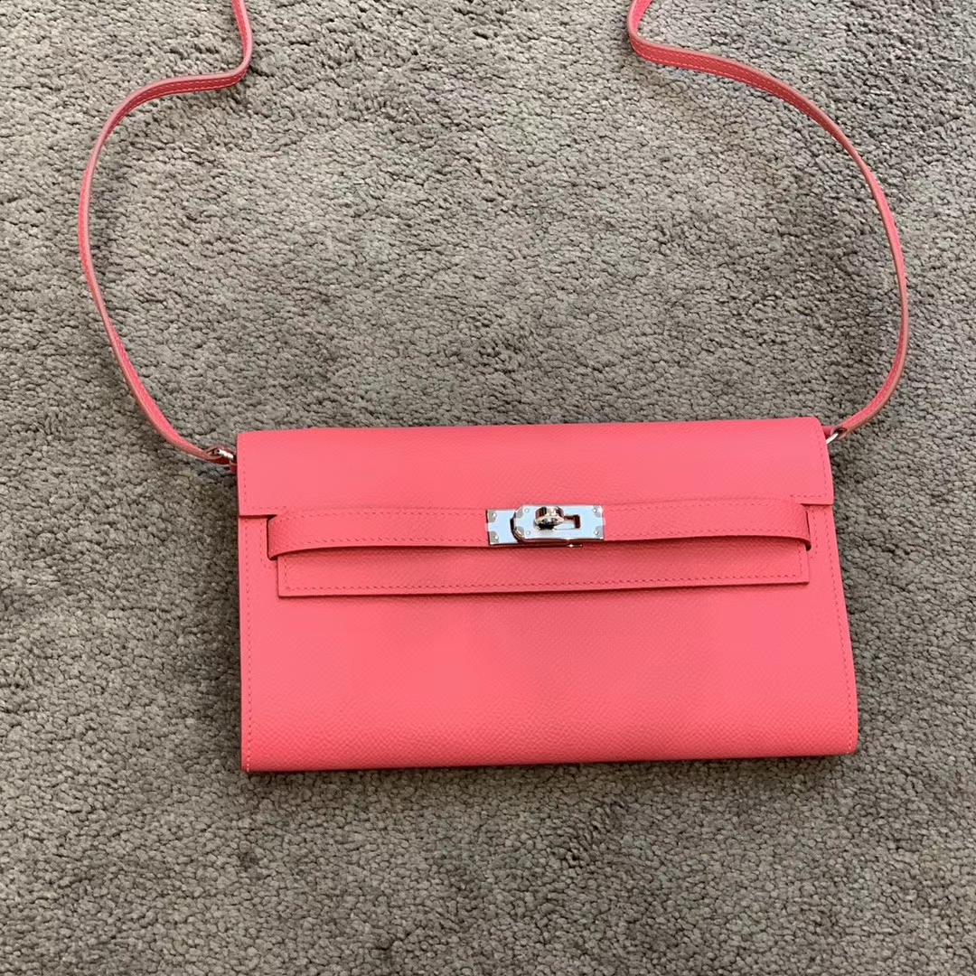 HERMES Kelly Classique To Go 长肩带钱包 Epsom皮 樱花粉 现货