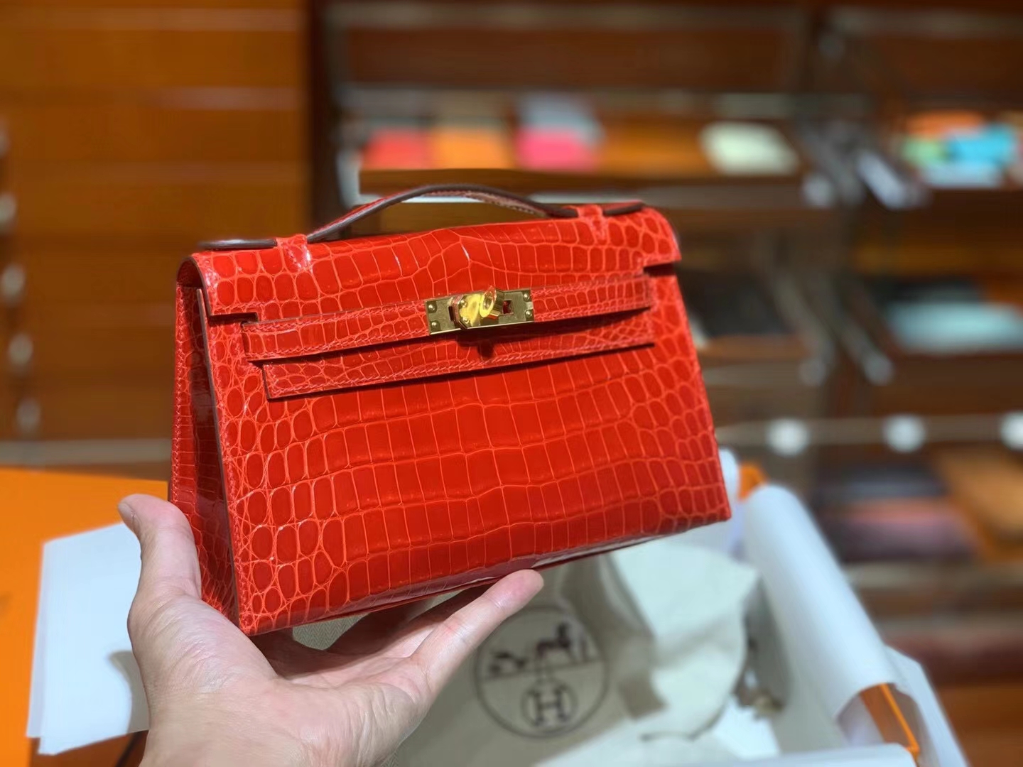 HERMES Kelly Pochette 一代鳄鱼 金扣 银扣 可接受定制 番茄红