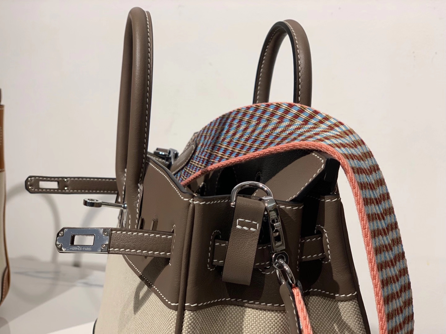 HERMES 爱马仕  铂金包 Birkin BOX皮拼帆布 银扣