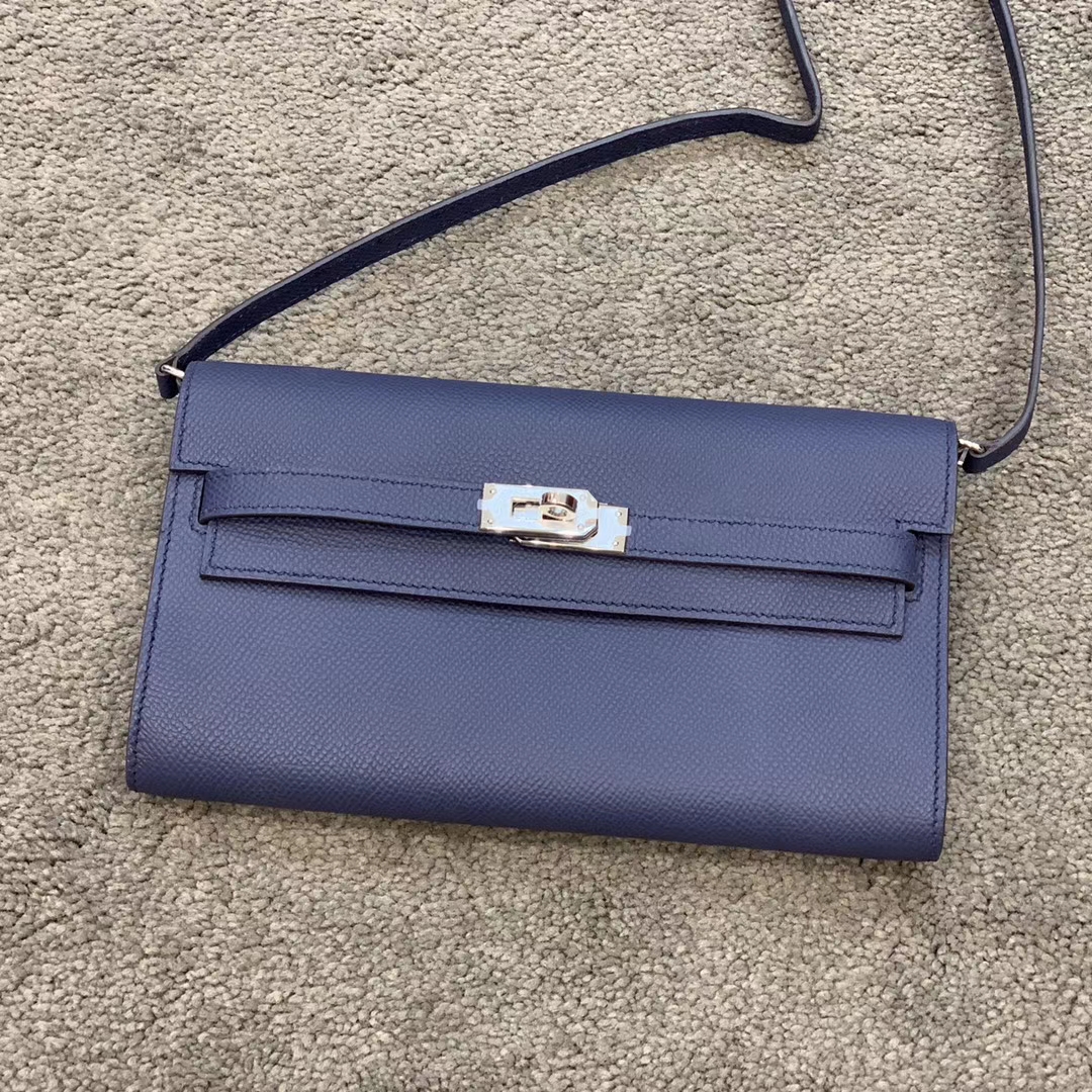 HERMES Kelly Classique To Go 长肩带钱包 Epsom皮 风暴蓝 现货