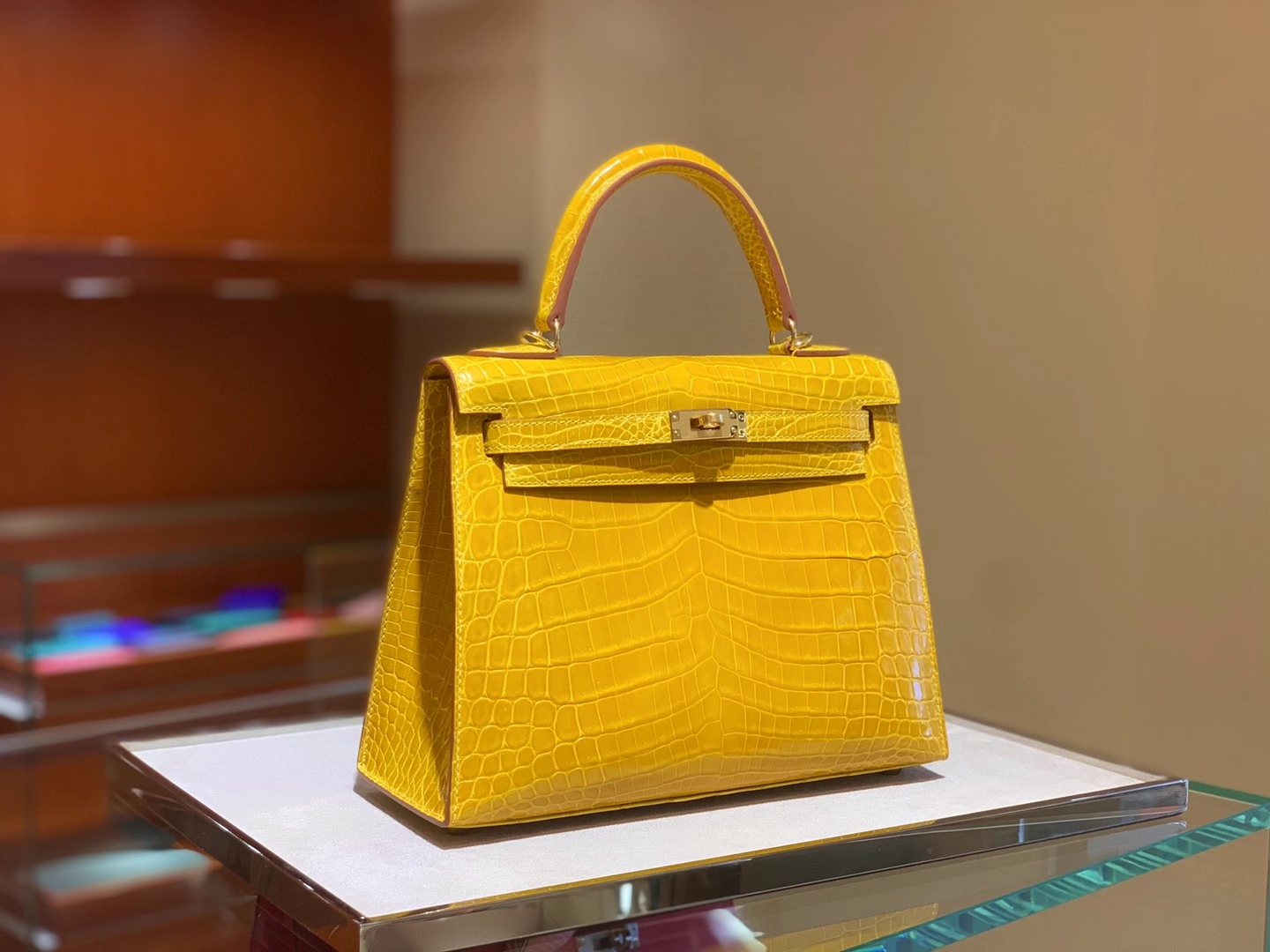 HERMES爱马仕 琥珀黄 KELLY凯丽25 金扣银扣 现货 可接受订货 原厂进口鳄鱼皮