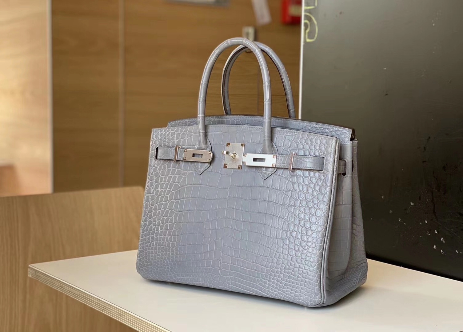 HERMES 爱马仕 铂金包 Birkin 爱马仕官网现货 Bk 25海鸥灰光鳄鱼皮 海鸥灰