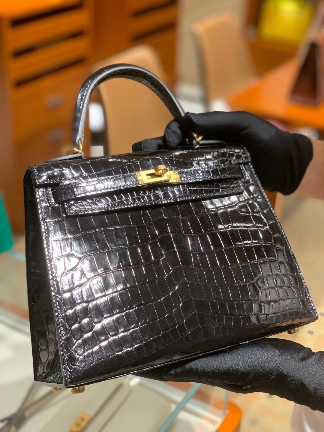 HERMES爱马仕 黑色 凯莉 Kelly 28 金扣银扣 现货 可接受订货 原厂进口鳄鱼皮