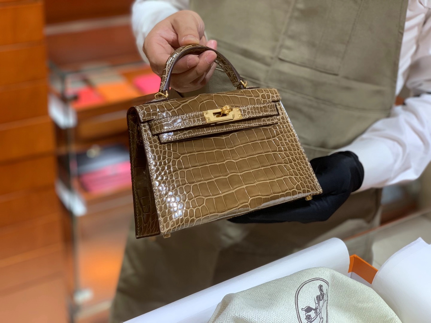 HERMES Kelly 二代鳄鱼 烟草色 金扣银扣 可定制 纯手工